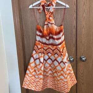 Jessica Simpson Orange Abstract Halter Dress SZ 10 Diamond Medina Lined Zip Side